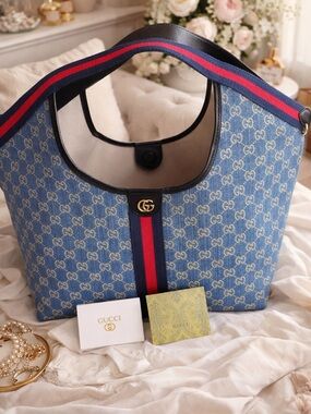 Gucci Denim GG Tote with Red and Navy Web Stripe